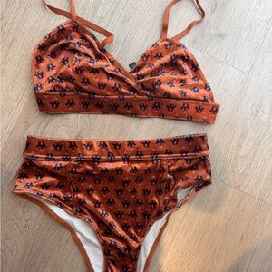 Anthropologie velvet Orange and Black Patterned lingerie Set